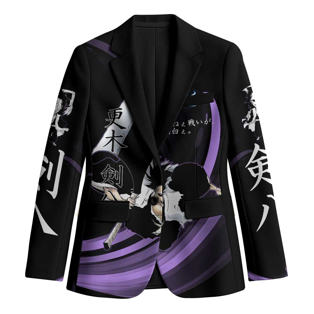 Kenpachi Zaraki Bleach Anime Black and Purple Theme Blazer with Battle Stance and Japanese Quote Design - The Mazicc