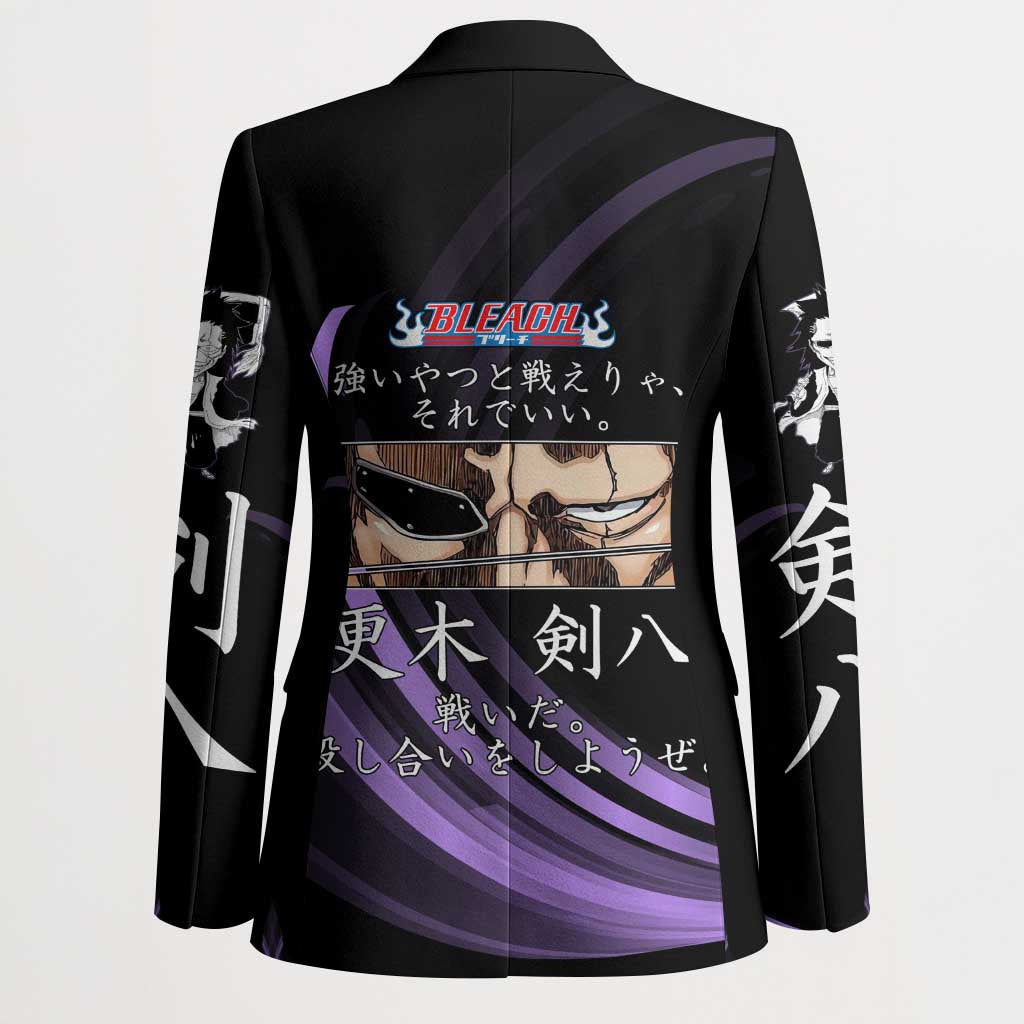 Kenpachi Zaraki Bleach Anime Black and Purple Theme Blazer with Battle Stance and Japanese Quote Design - The Mazicc