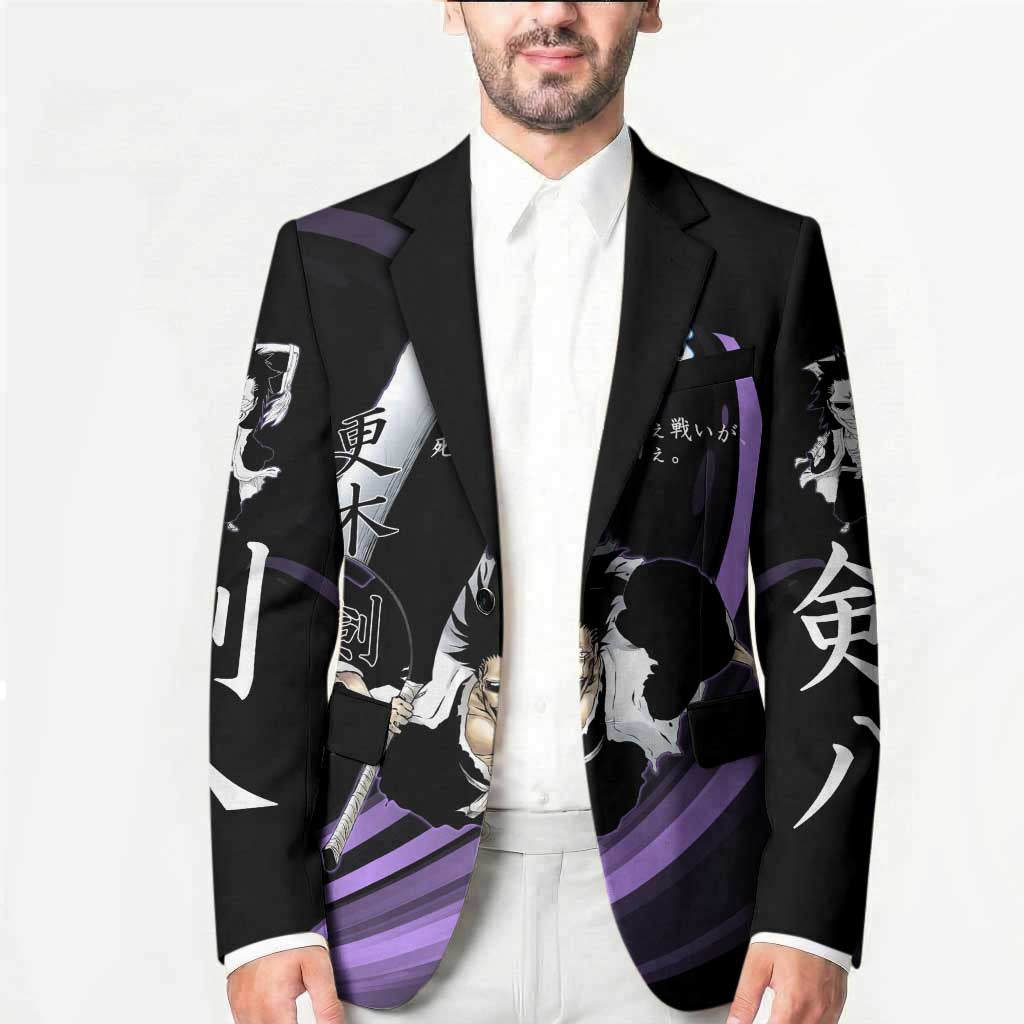 Kenpachi Zaraki Bleach Anime Black and Purple Theme Blazer with Battle Stance and Japanese Quote Design - The Mazicc