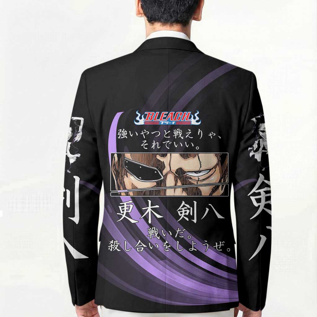 Kenpachi Zaraki Bleach Anime Black and Purple Theme Blazer with Battle Stance and Japanese Quote Design - The Mazicc