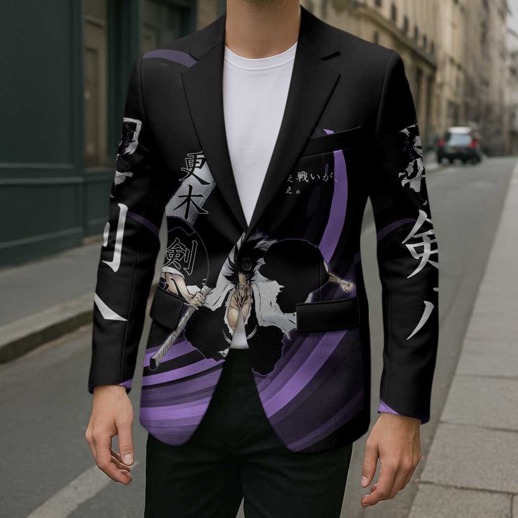 Kenpachi Zaraki Bleach Anime Black and Purple Theme Blazer with Battle Stance and Japanese Quote Design - The Mazicc