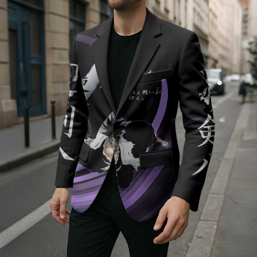 Kenpachi Zaraki Bleach Anime Black and Purple Theme Blazer with Battle Stance and Japanese Quote Design - The Mazicc