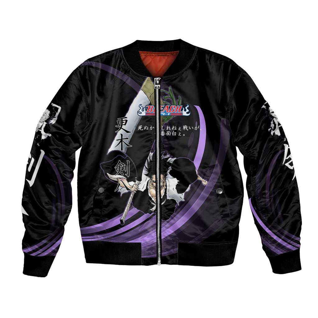 Kenpachi Zaraki Bleach Anime Black and Purple Theme Bomber Jacket with Battle Stance and Japanese Quote Design - The Mazicc