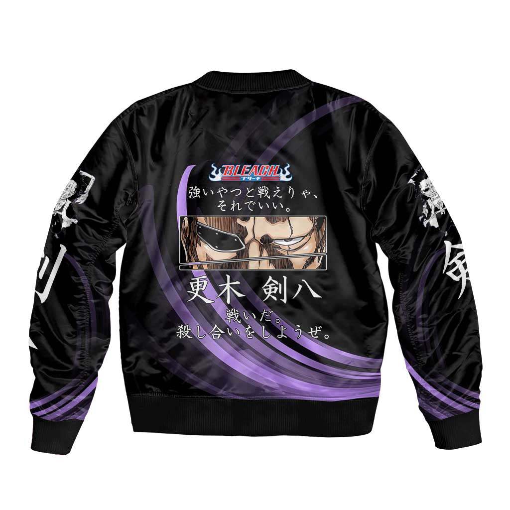 Kenpachi Zaraki Bleach Anime Black and Purple Theme Bomber Jacket with Battle Stance and Japanese Quote Design - The Mazicc