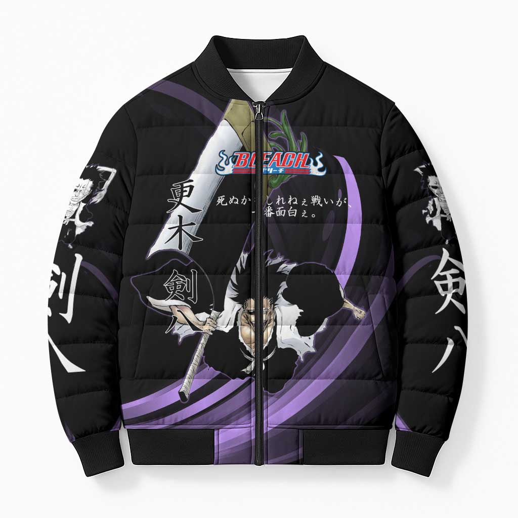 Kenpachi Zaraki Bleach Anime Black and Purple Theme Bomber Puffer Jacket with Battle Stance and Japanese Quote Design - The Mazicc