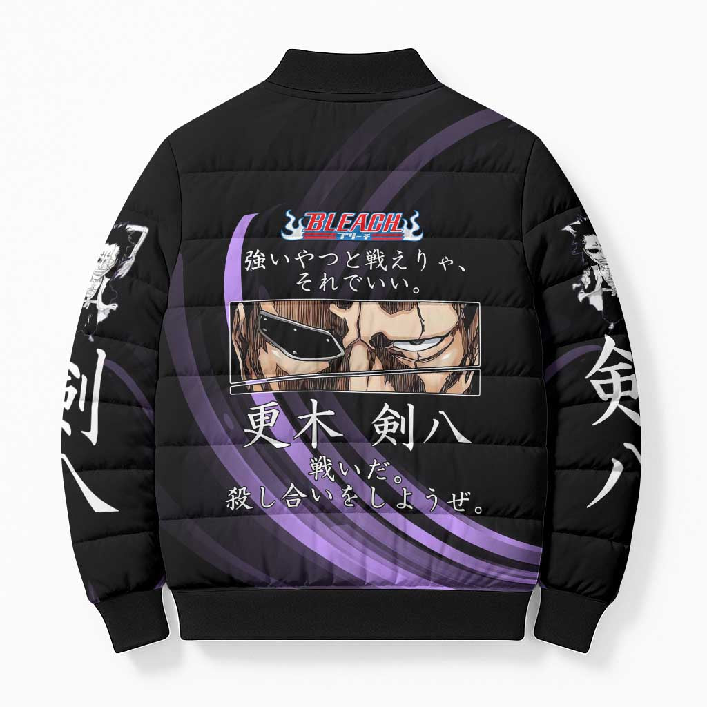 Kenpachi Zaraki Bleach Anime Black and Purple Theme Bomber Puffer Jacket with Battle Stance and Japanese Quote Design - The Mazicc
