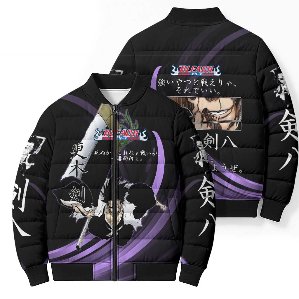 Kenpachi Zaraki Bleach Anime Black and Purple Theme Bomber Puffer Jacket with Battle Stance and Japanese Quote Design - The Mazicc