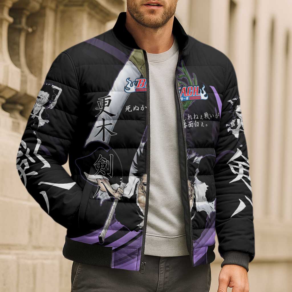 Kenpachi Zaraki Bleach Anime Black and Purple Theme Bomber Puffer Jacket with Battle Stance and Japanese Quote Design - The Mazicc