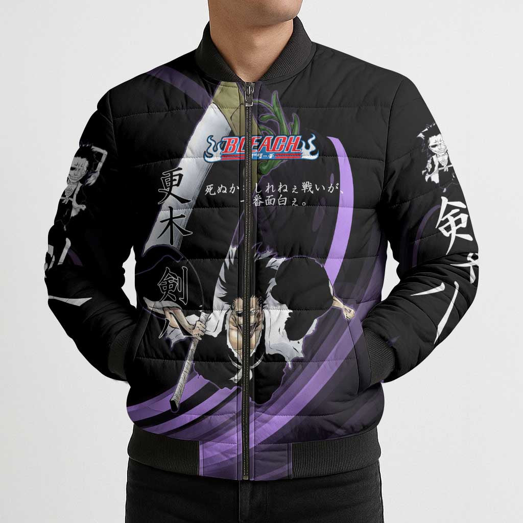 Kenpachi Zaraki Bleach Anime Black and Purple Theme Bomber Puffer Jacket with Battle Stance and Japanese Quote Design - The Mazicc