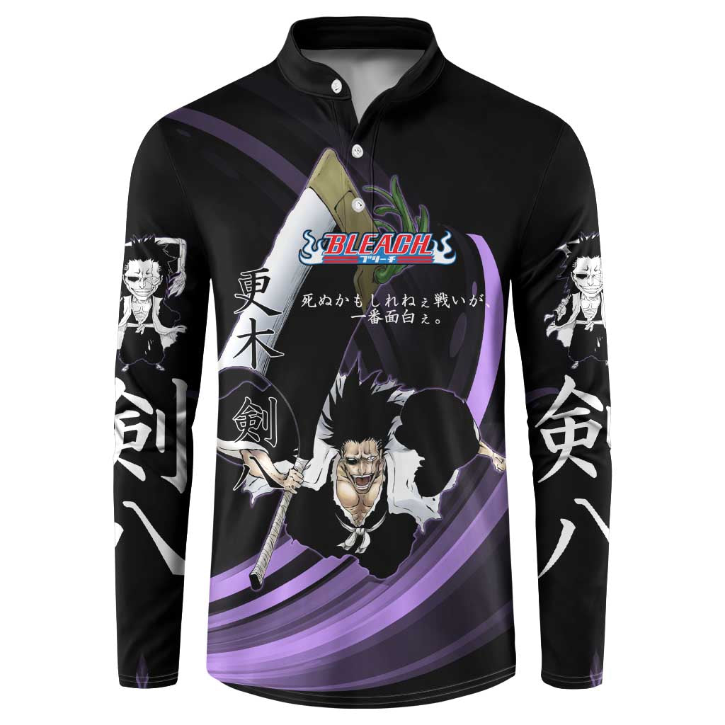 Kenpachi Zaraki Bleach Anime Black and Purple Theme Button Sweatshirt with Battle Stance and Japanese Quote Design - The Mazicc