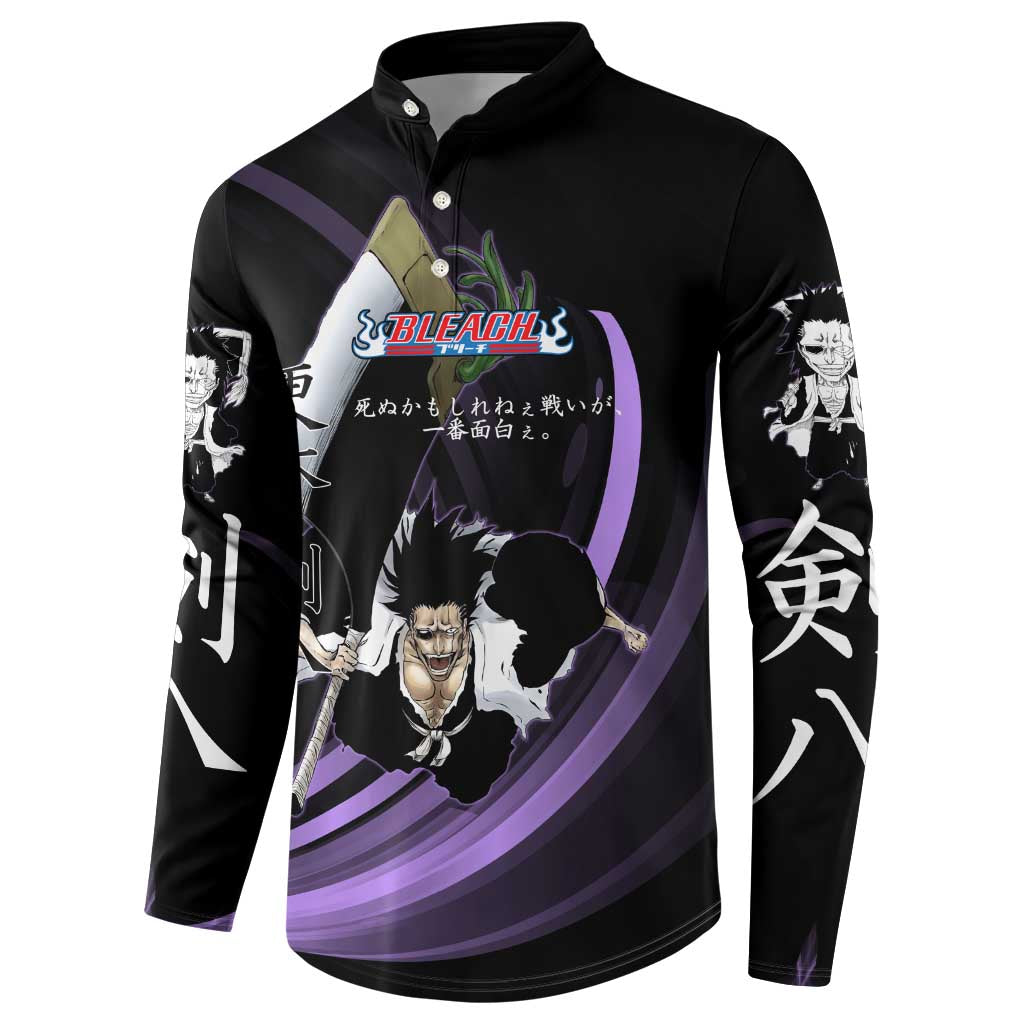 Kenpachi Zaraki Bleach Anime Black and Purple Theme Button Sweatshirt with Battle Stance and Japanese Quote Design - The Mazicc