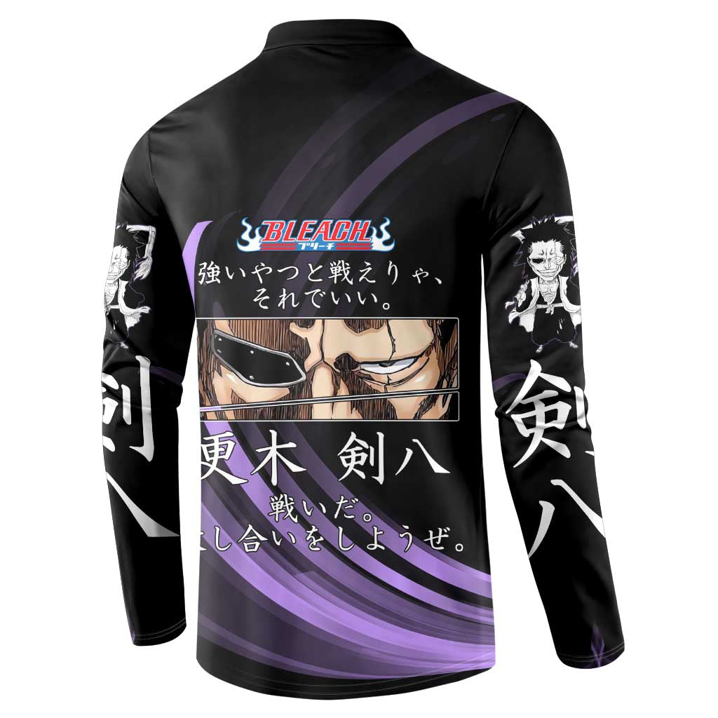 Kenpachi Zaraki Bleach Anime Black and Purple Theme Button Sweatshirt with Battle Stance and Japanese Quote Design - The Mazicc