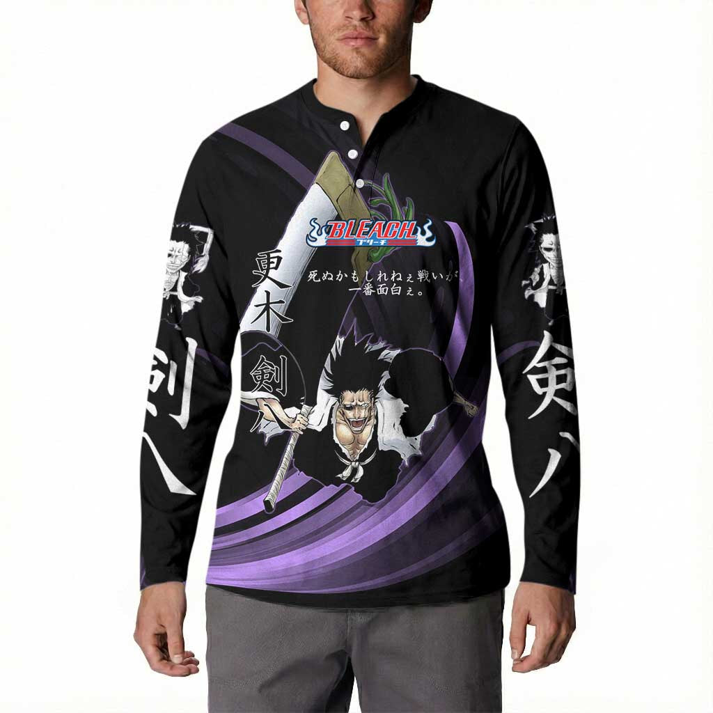 Kenpachi Zaraki Bleach Anime Black and Purple Theme Button Sweatshirt with Battle Stance and Japanese Quote Design - The Mazicc