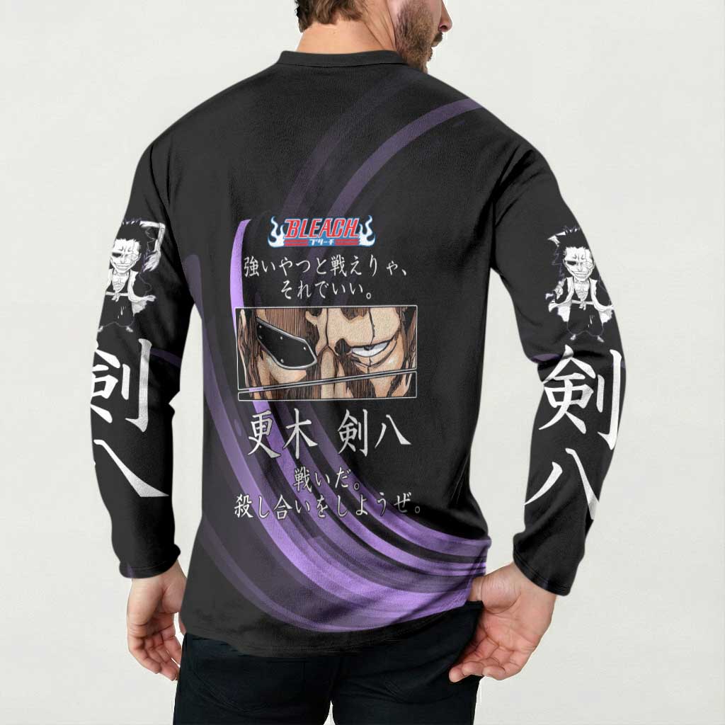 Kenpachi Zaraki Bleach Anime Black and Purple Theme Button Sweatshirt with Battle Stance and Japanese Quote Design - The Mazicc