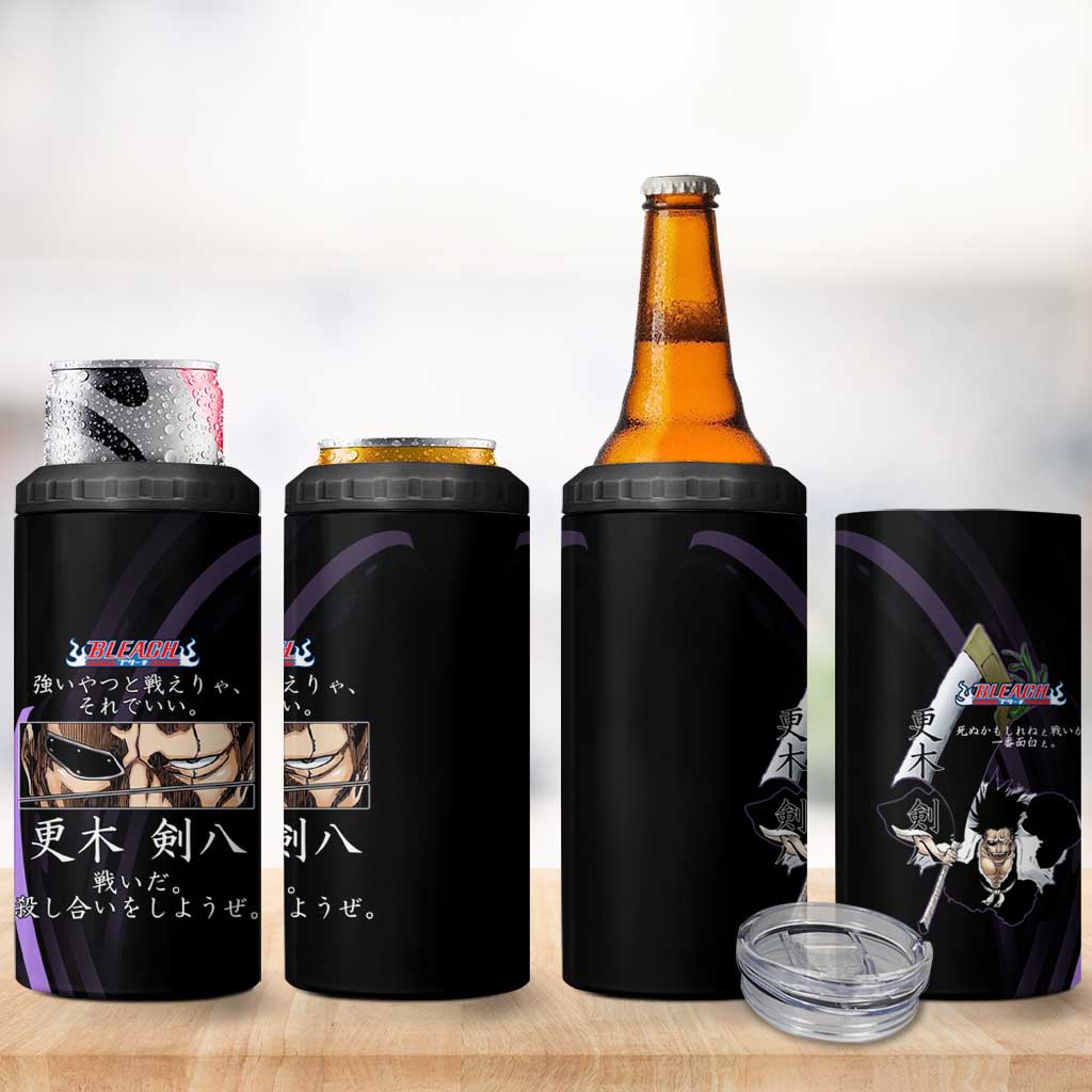 Kenpachi Zaraki Bleach Anime Black and Purple Theme 4 in 1 Can Cooler Tumbler with Battle Stance and Japanese Quote Design - The Mazicc