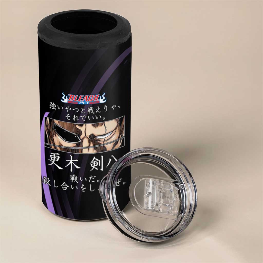 Kenpachi Zaraki Bleach Anime Black and Purple Theme 4 in 1 Can Cooler Tumbler with Battle Stance and Japanese Quote Design - The Mazicc