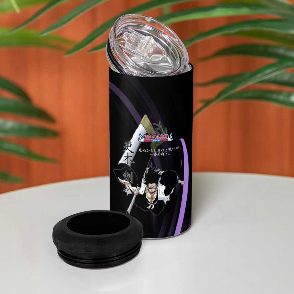 Kenpachi Zaraki Bleach Anime Black and Purple Theme 4 in 1 Can Cooler Tumbler with Battle Stance and Japanese Quote Design - The Mazicc