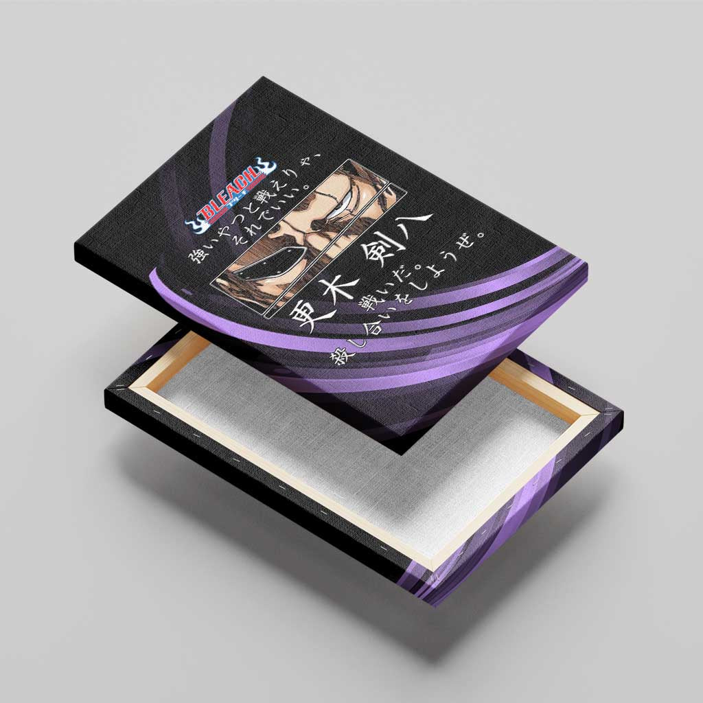 Kenpachi Zaraki Bleach Anime Black and Purple Theme Canvas Wall Art with Battle Stance and Japanese Quote Design - The Mazicc
