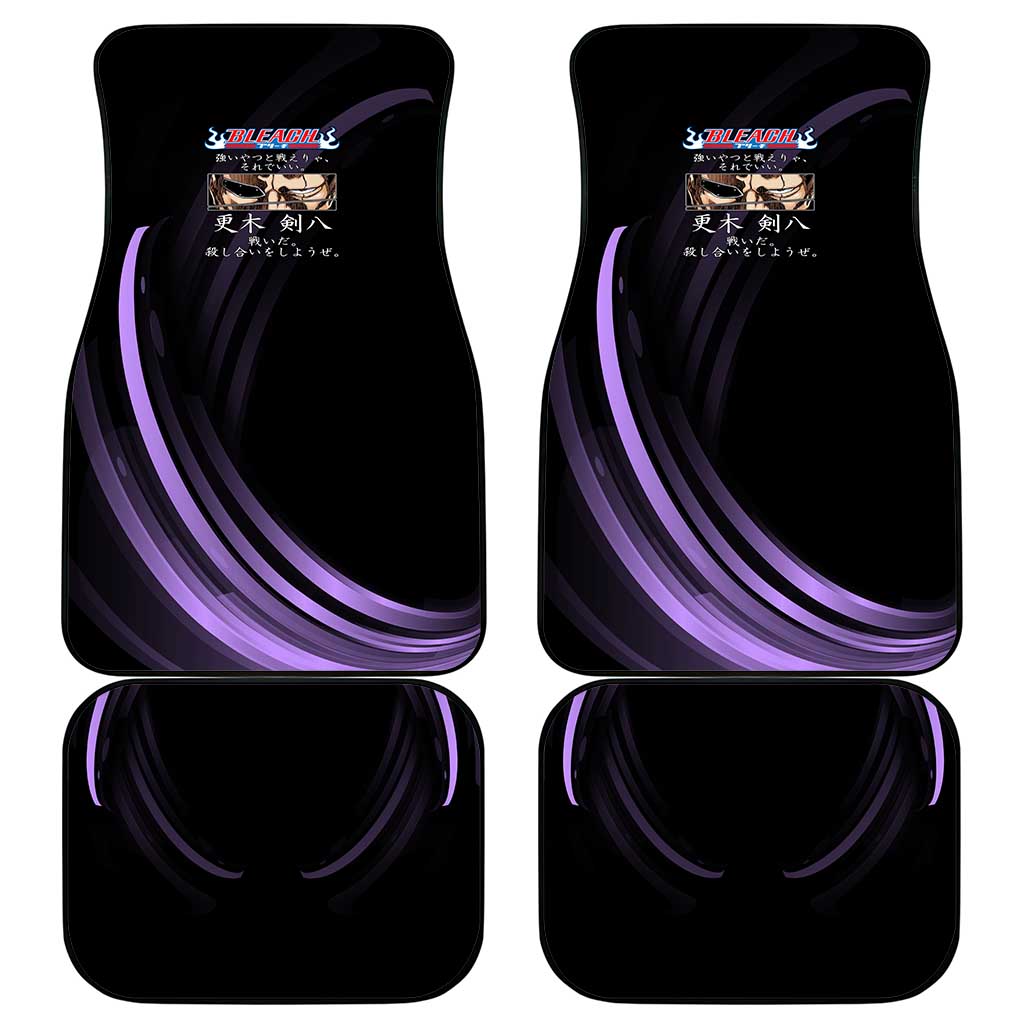 Kenpachi Zaraki Bleach Anime Black and Purple Theme Car Mats with Battle Stance and Japanese Quote Design - The Mazicc