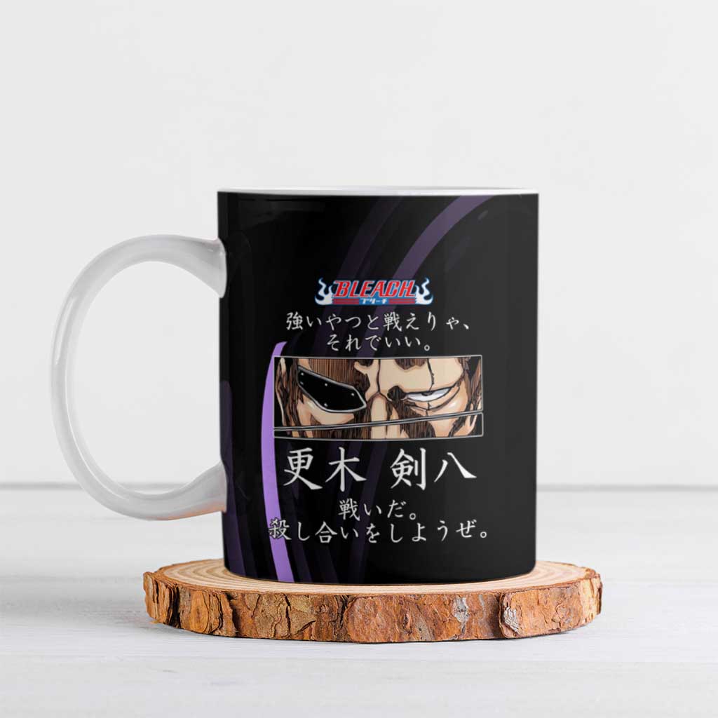 Kenpachi Zaraki Bleach Anime Black and Purple Theme Ceramic Mug with Battle Stance and Japanese Quote Design - The Mazicc
