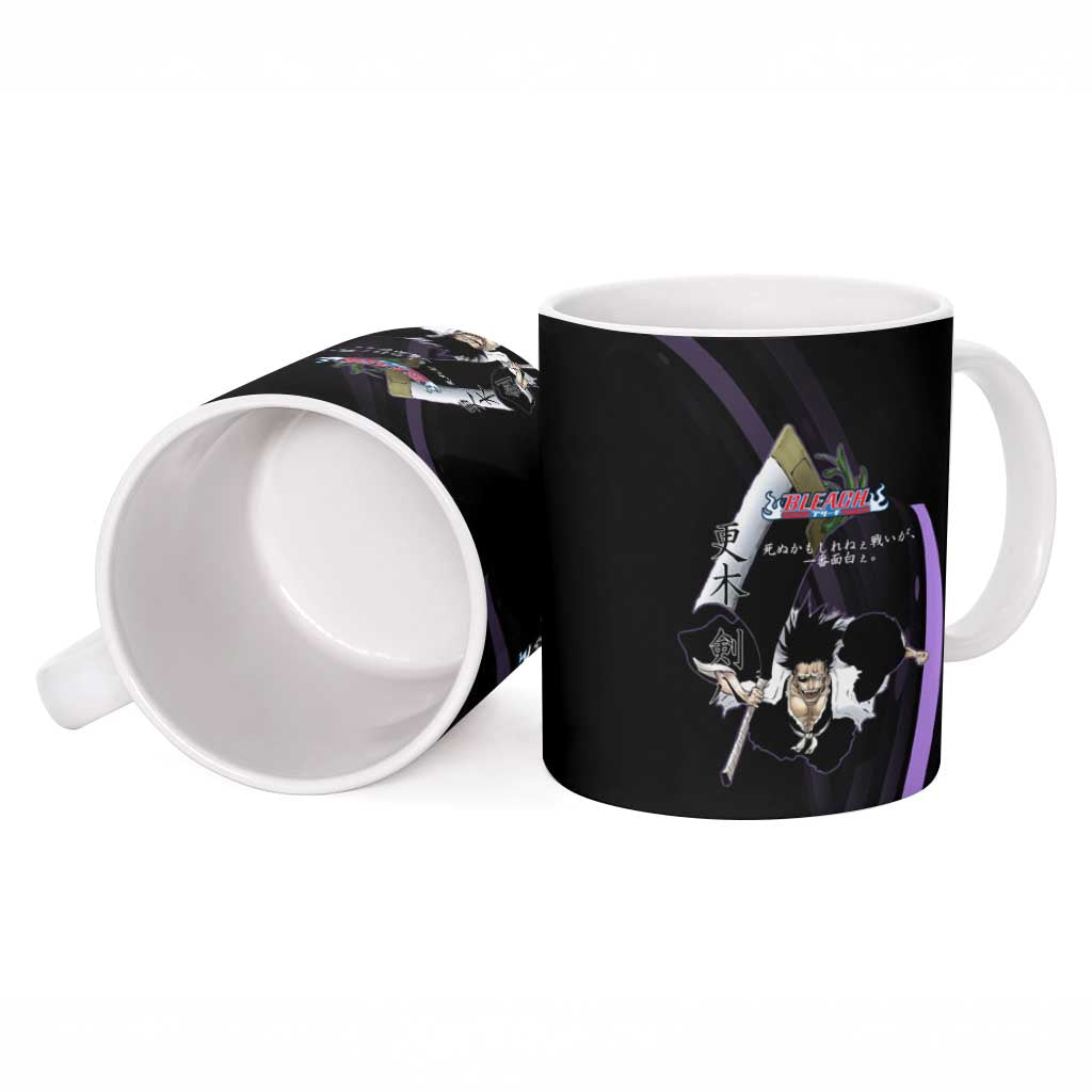 Kenpachi Zaraki Bleach Anime Black and Purple Theme Ceramic Mug with Battle Stance and Japanese Quote Design - The Mazicc