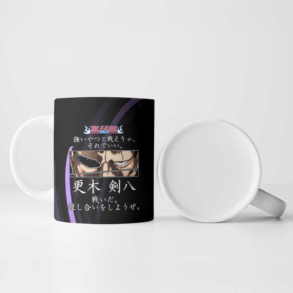 Kenpachi Zaraki Bleach Anime Black and Purple Theme Ceramic Mug with Battle Stance and Japanese Quote Design - The Mazicc