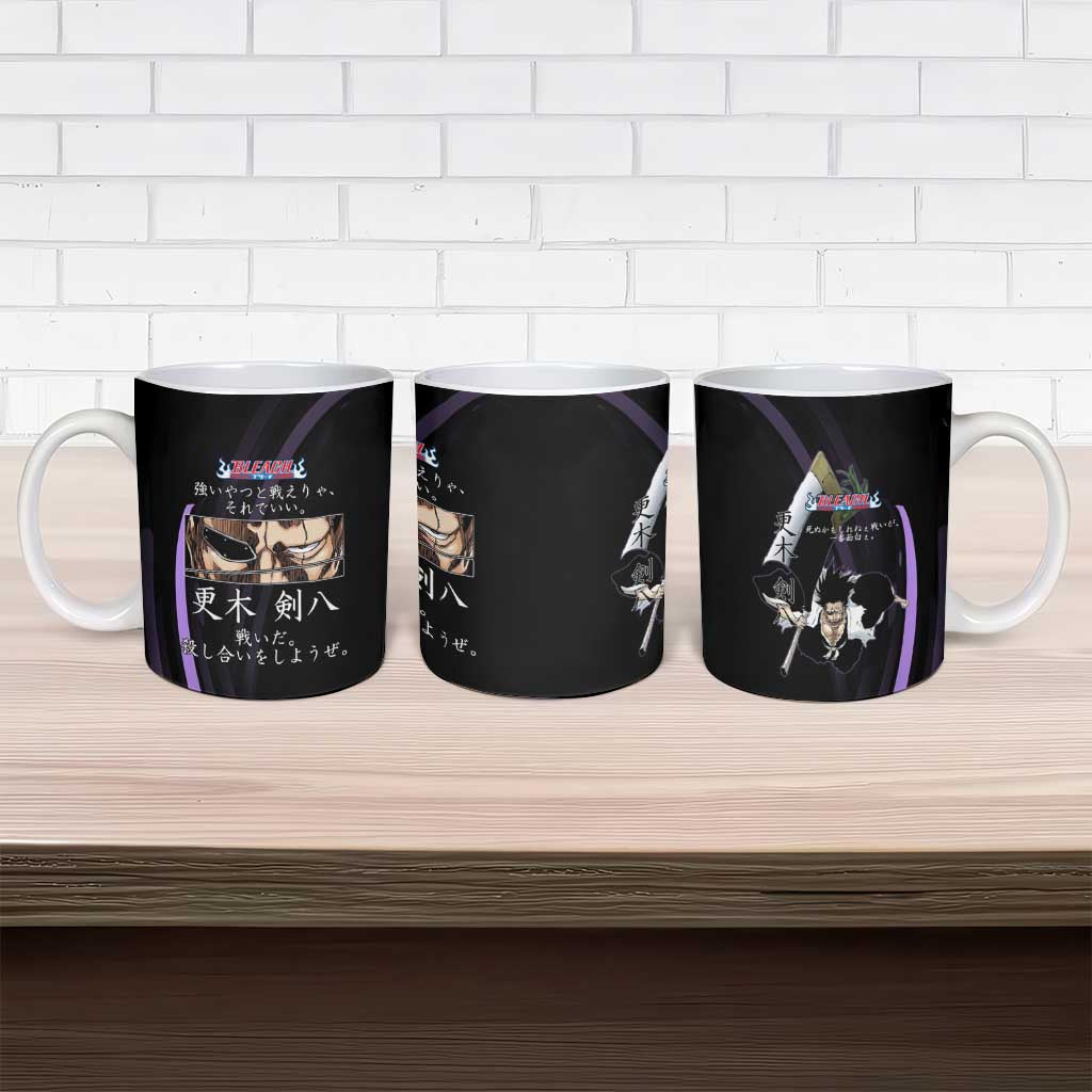 Kenpachi Zaraki Bleach Anime Black and Purple Theme Ceramic Mug with Battle Stance and Japanese Quote Design - The Mazicc