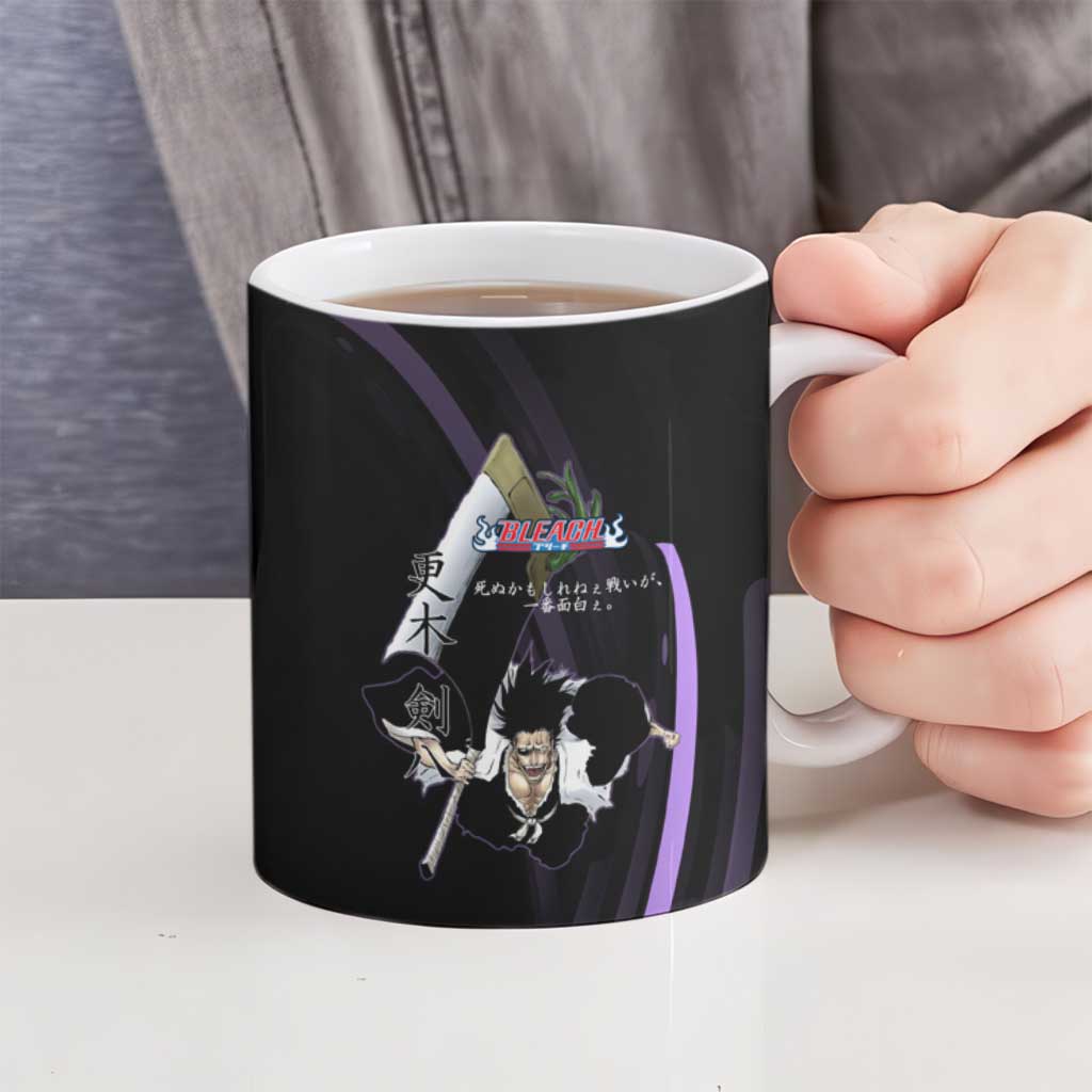 Kenpachi Zaraki Bleach Anime Black and Purple Theme Ceramic Mug with Battle Stance and Japanese Quote Design - The Mazicc