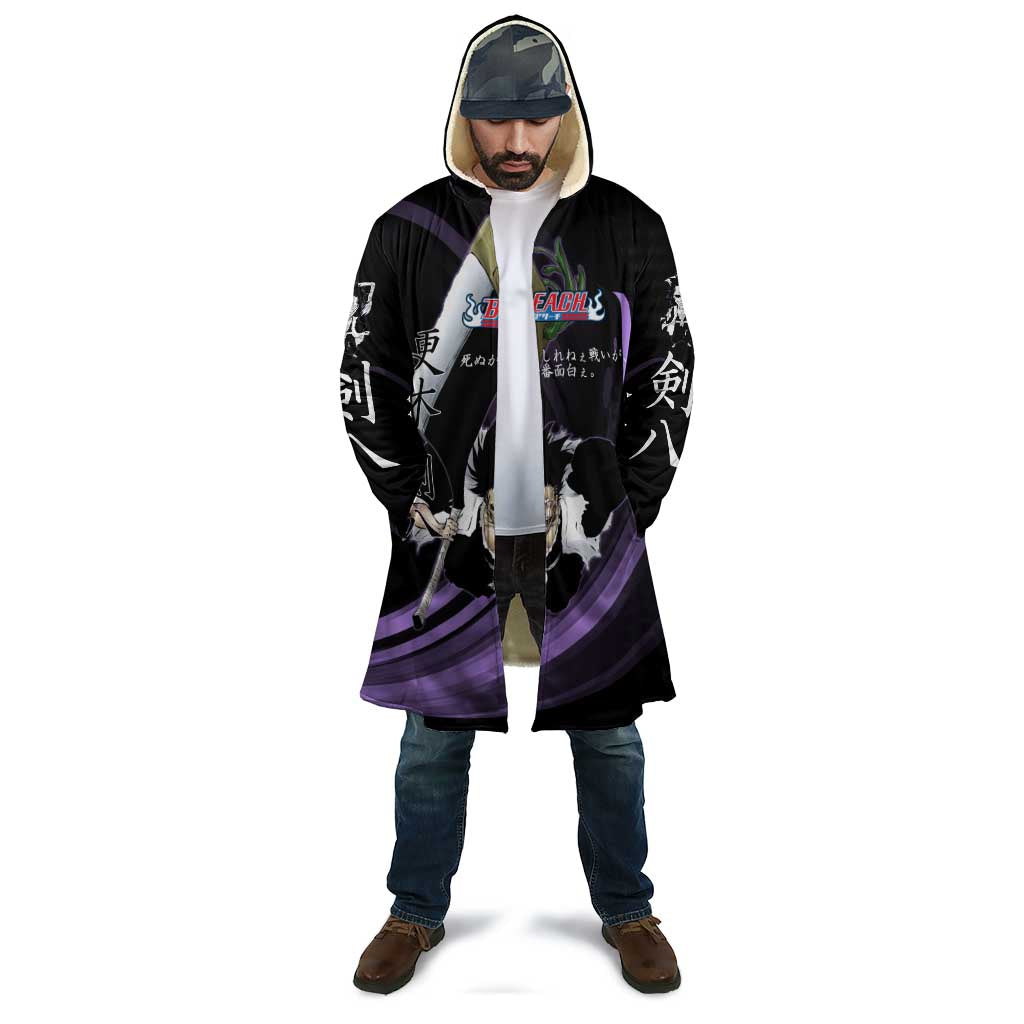 Kenpachi Zaraki Bleach Anime Black and Purple Theme Cloak with Battle Stance and Japanese Quote Design - The Mazicc