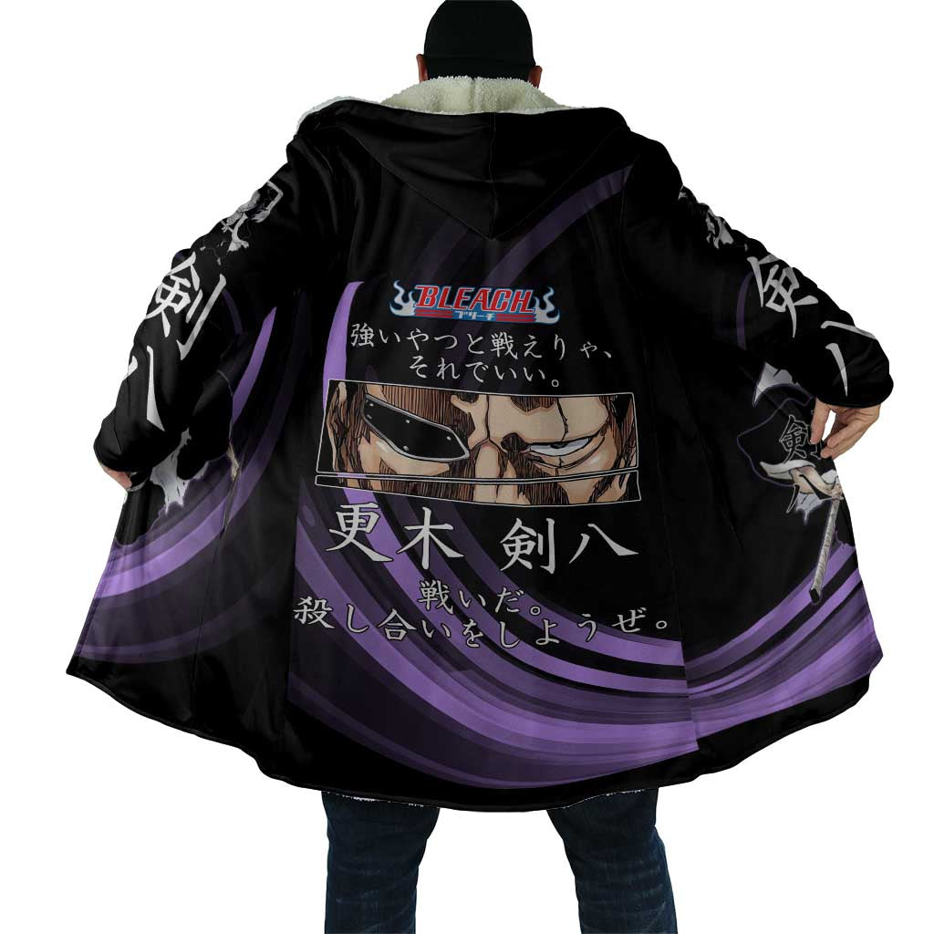 Kenpachi Zaraki Bleach Anime Black and Purple Theme Cloak with Battle Stance and Japanese Quote Design - The Mazicc