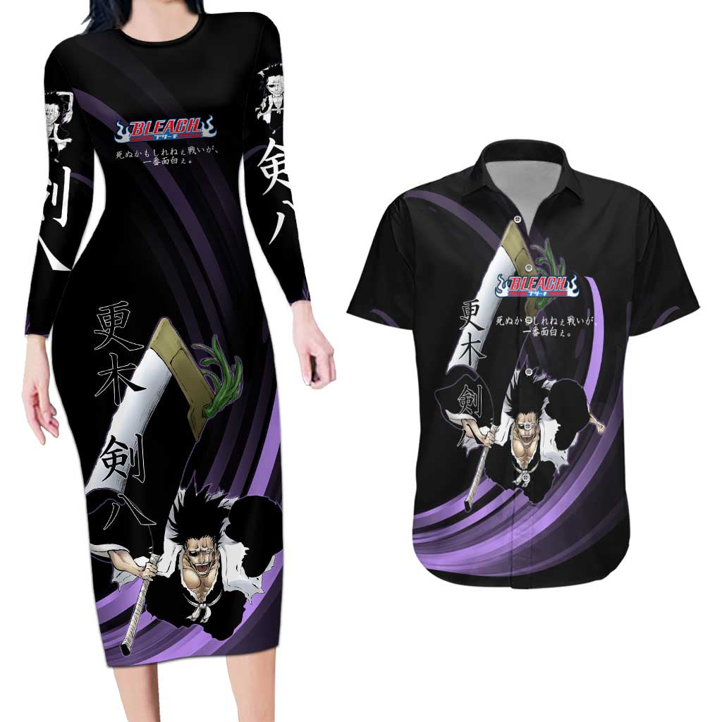 Kenpachi Zaraki Bleach Anime Black and Purple Theme Couples Matching Long Sleeve Bodycon Dress and Hawaiian Shirt with Battle Stance and Japanese Quote Design - The Mazicc