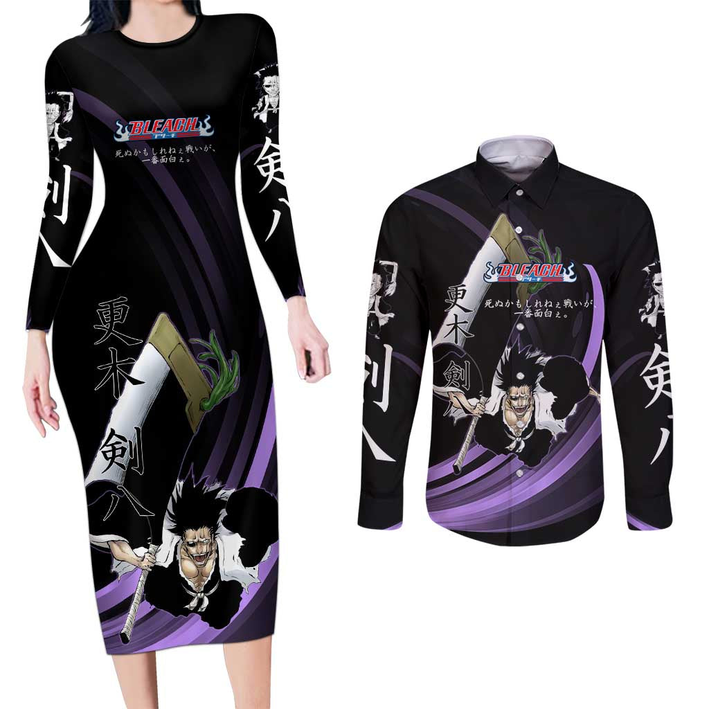 Kenpachi Zaraki Bleach Anime Black and Purple Theme Couples Matching Long Sleeve Bodycon Dress and Long Sleeve Button Shirt with Battle Stance and Japanese Quote Design - The Mazicc