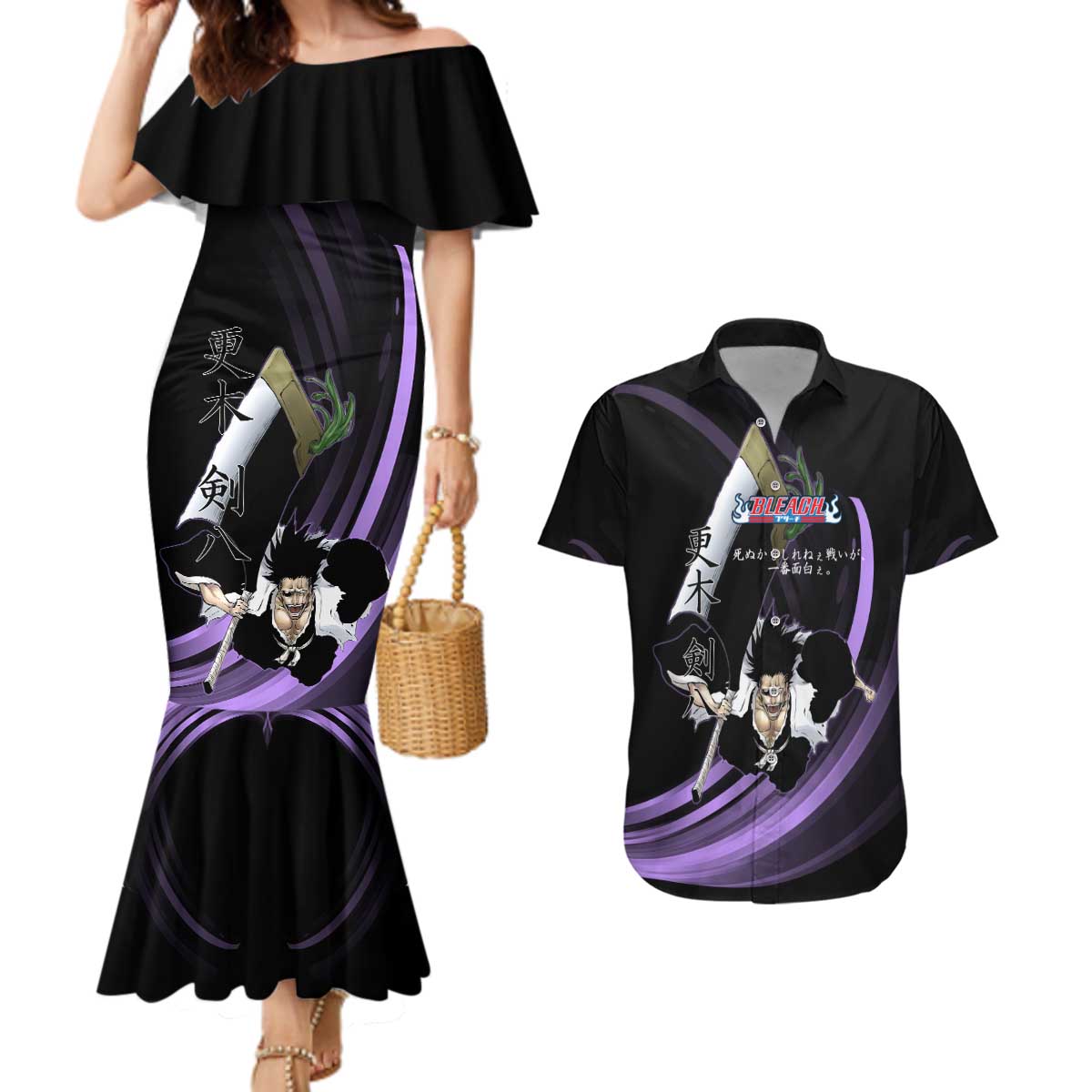 Kenpachi Zaraki Bleach Anime Black and Purple Theme Couples Matching Mermaid Dress and Hawaiian Shirt with Battle Stance and Japanese Quote Design - The Mazicc