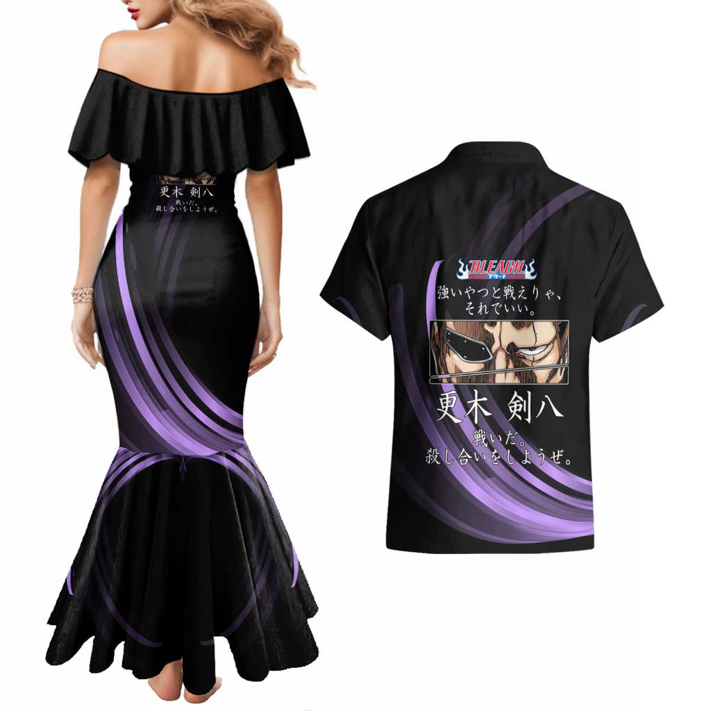 Kenpachi Zaraki Bleach Anime Black and Purple Theme Couples Matching Mermaid Dress and Hawaiian Shirt with Battle Stance and Japanese Quote Design - The Mazicc