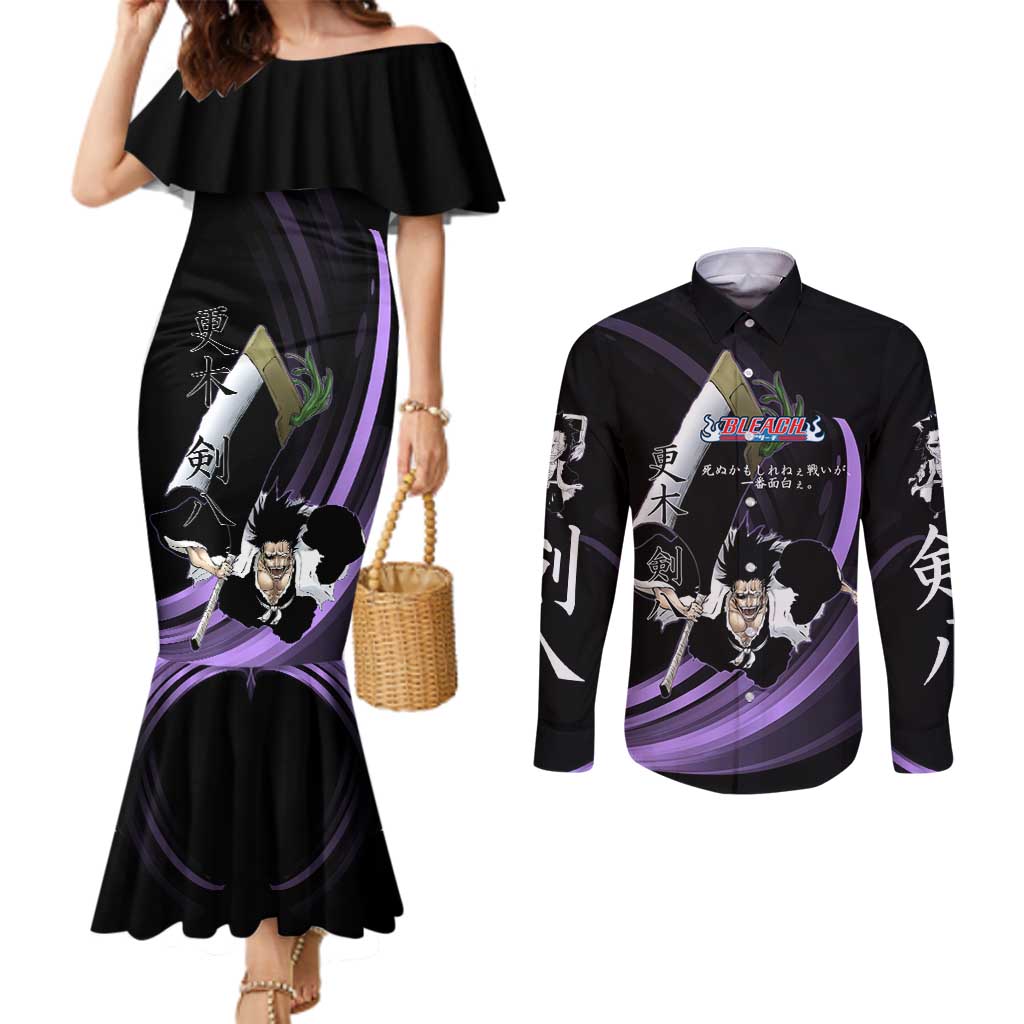 Kenpachi Zaraki Bleach Anime Black and Purple Theme Couples Matching Mermaid Dress and Long Sleeve Button Shirt with Battle Stance and Japanese Quote Design - The Mazicc