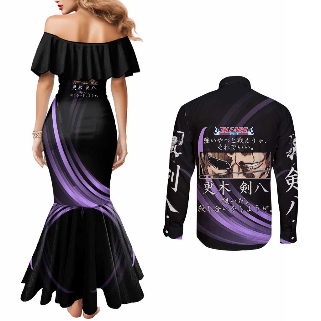 Kenpachi Zaraki Bleach Anime Black and Purple Theme Couples Matching Mermaid Dress and Long Sleeve Button Shirt with Battle Stance and Japanese Quote Design - The Mazicc