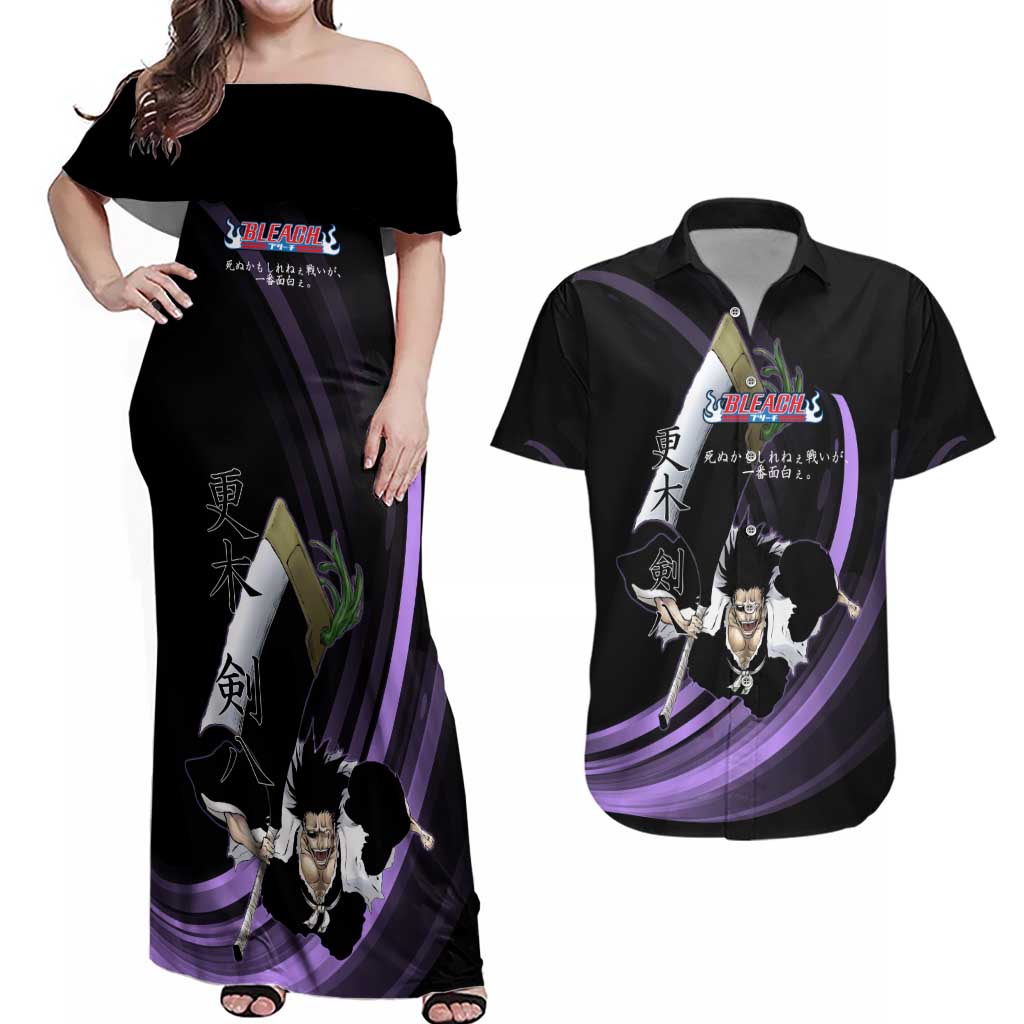 Kenpachi Zaraki Bleach Anime Black and Purple Theme Couples Matching Off Shoulder Maxi Dress and Hawaiian Shirt with Battle Stance and Japanese Quote Design - The Mazicc