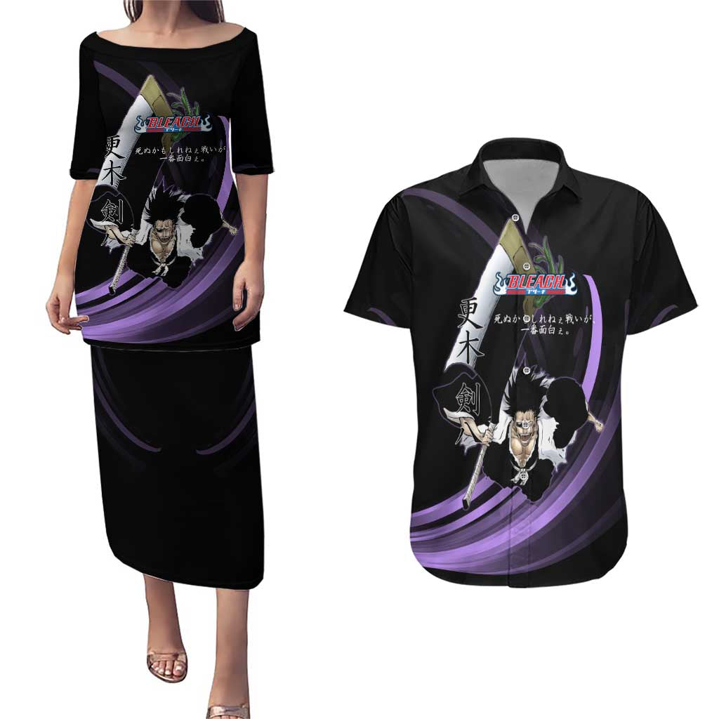 Kenpachi Zaraki Bleach Anime Black and Purple Theme Couples Matching Puletasi and Hawaiian Shirt with Battle Stance and Japanese Quote Design - The Mazicc