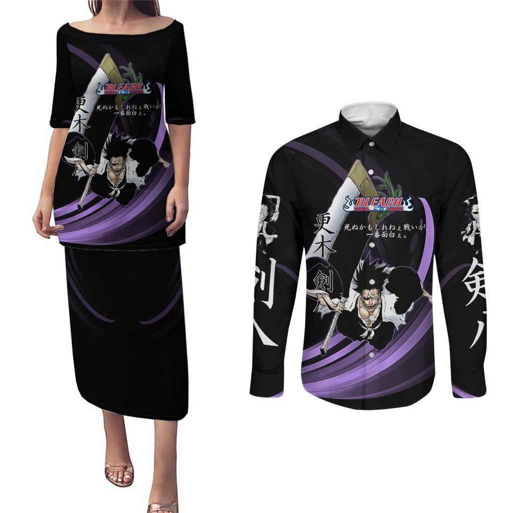 Kenpachi Zaraki Bleach Anime Black and Purple Theme Couples Matching Puletasi and Long Sleeve Button Shirt with Battle Stance and Japanese Quote Design - The Mazicc
