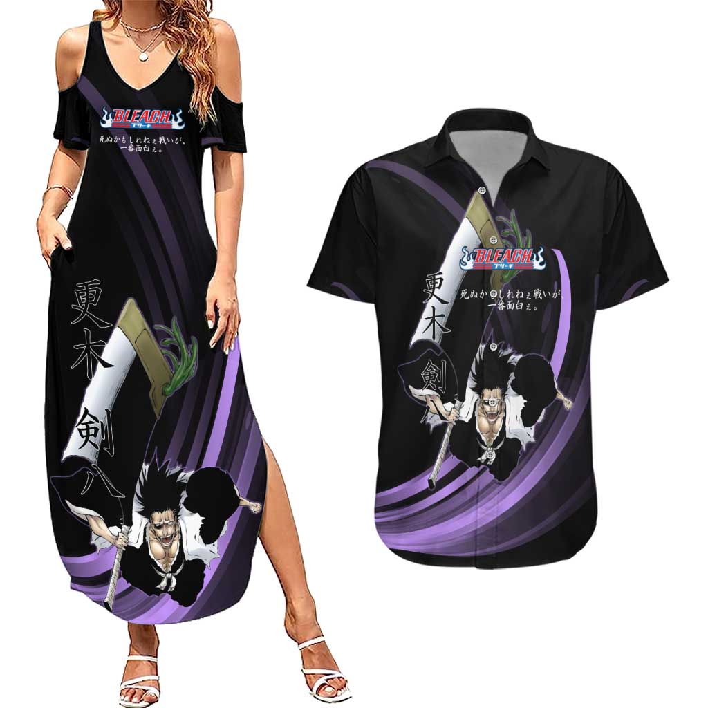 Kenpachi Zaraki Bleach Anime Black and Purple Theme Couples Matching Summer Maxi Dress and Hawaiian Shirt with Battle Stance and Japanese Quote Design - The Mazicc