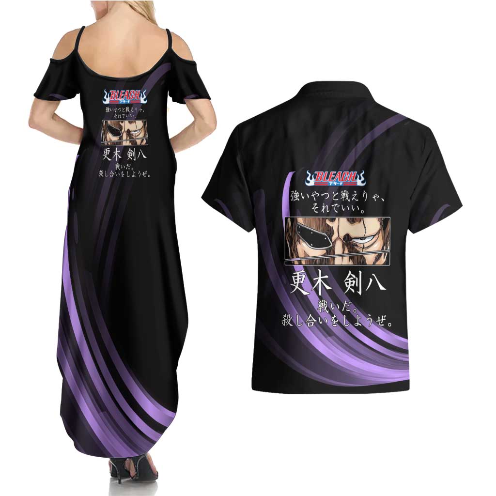 Kenpachi Zaraki Bleach Anime Black and Purple Theme Couples Matching Summer Maxi Dress and Hawaiian Shirt with Battle Stance and Japanese Quote Design - The Mazicc