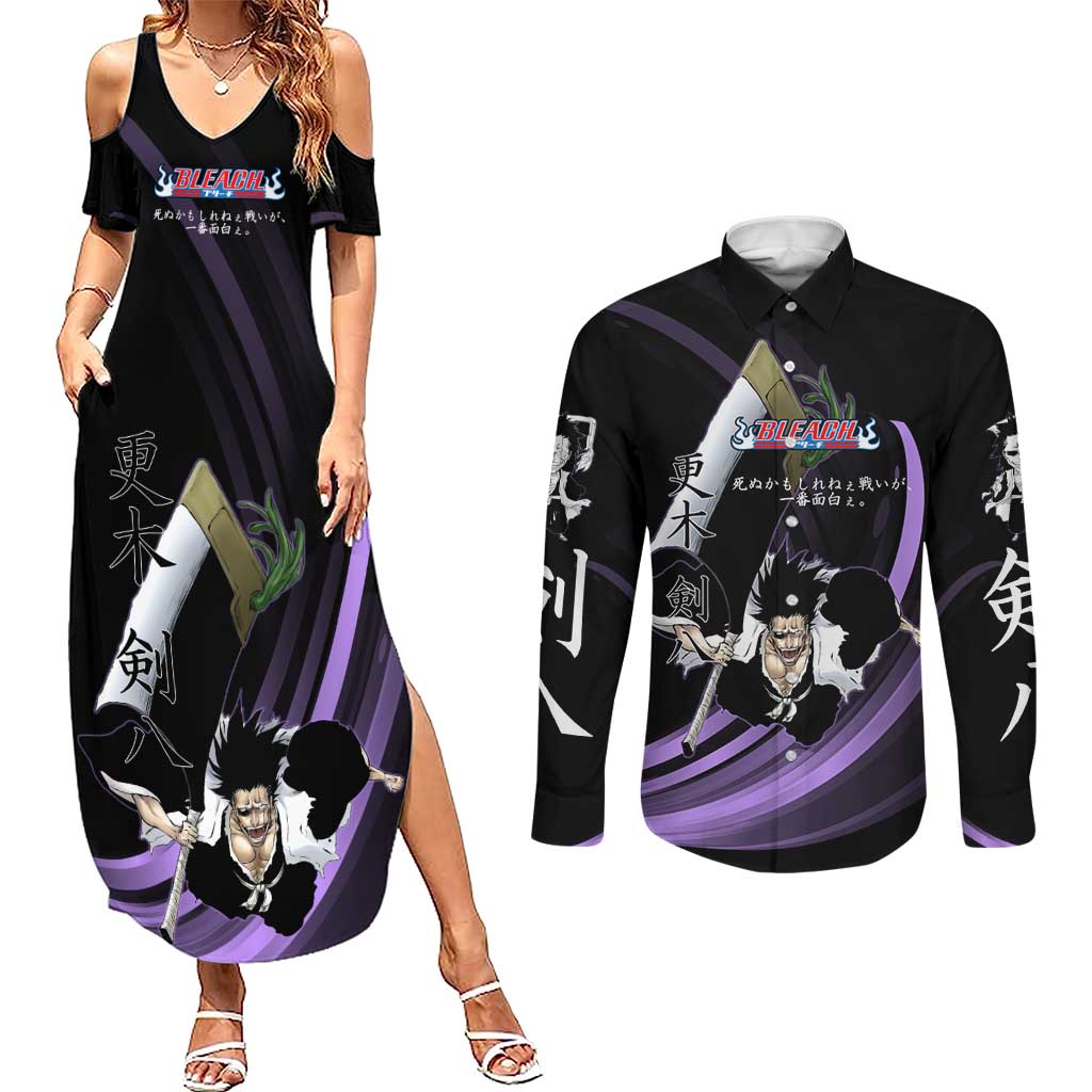 Kenpachi Zaraki Bleach Anime Black and Purple Theme Couples Matching Summer Maxi Dress and Long Sleeve Button Shirt with Battle Stance and Japanese Quote Design - The Mazicc