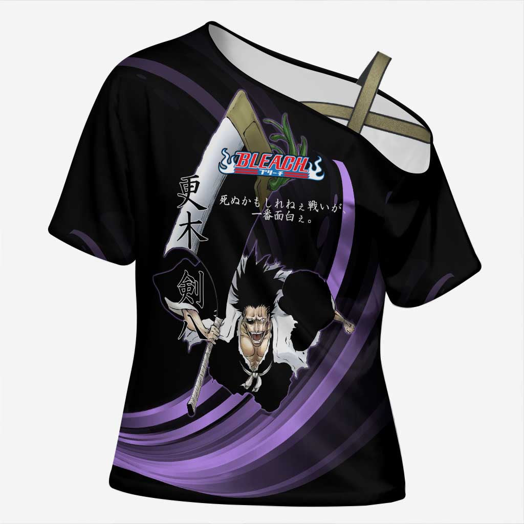 Kenpachi Zaraki Bleach Anime Black and Purple Theme Cross Shoulder Shirt with Battle Stance and Japanese Quote Design - The Mazicc