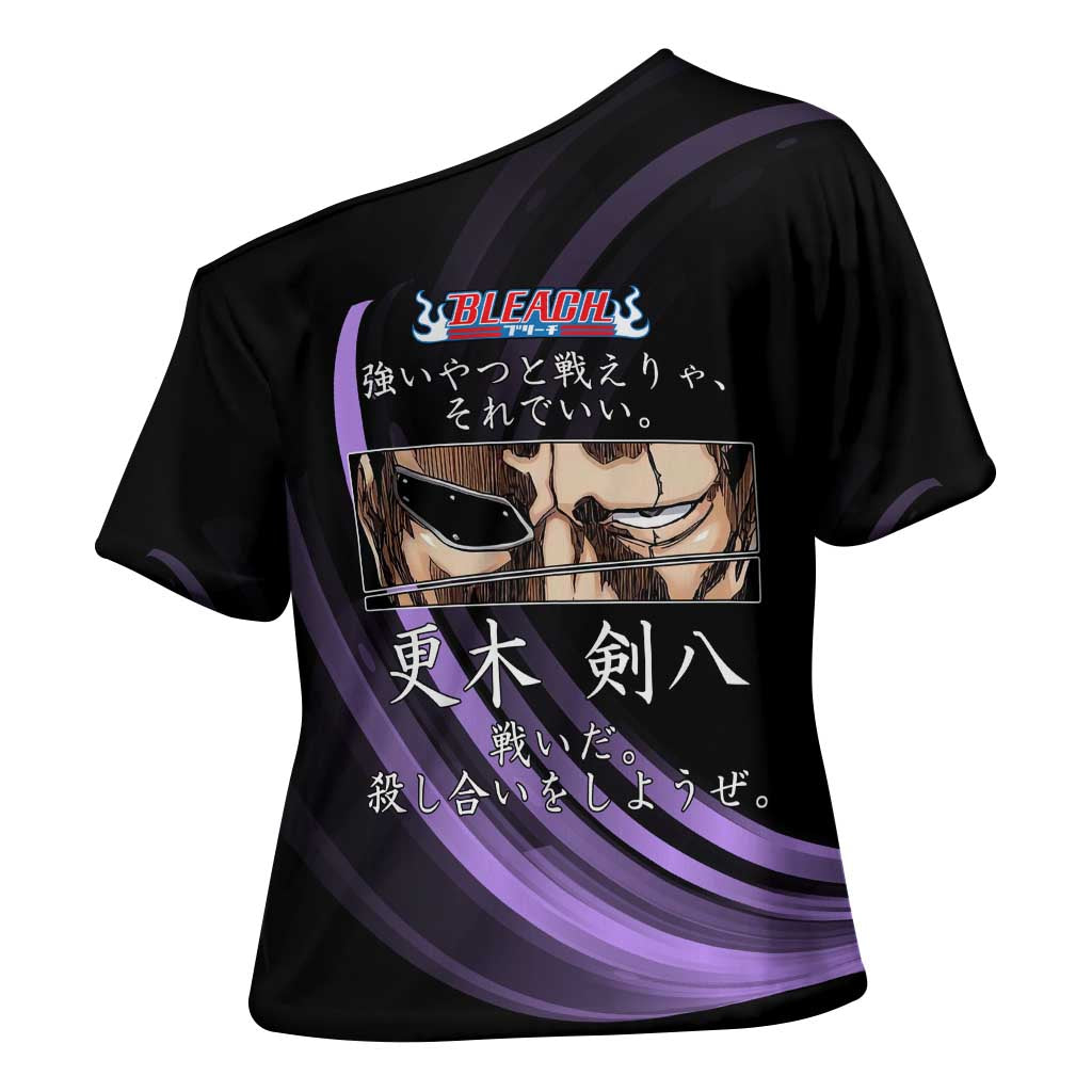 Kenpachi Zaraki Bleach Anime Black and Purple Theme Cross Shoulder Shirt with Battle Stance and Japanese Quote Design - The Mazicc