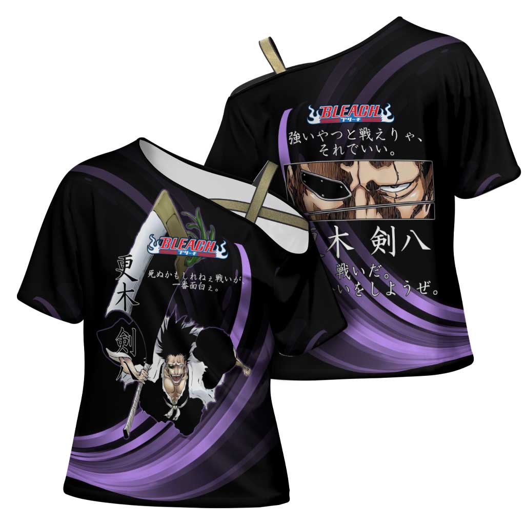 Kenpachi Zaraki Bleach Anime Black and Purple Theme Cross Shoulder Shirt with Battle Stance and Japanese Quote Design - The Mazicc