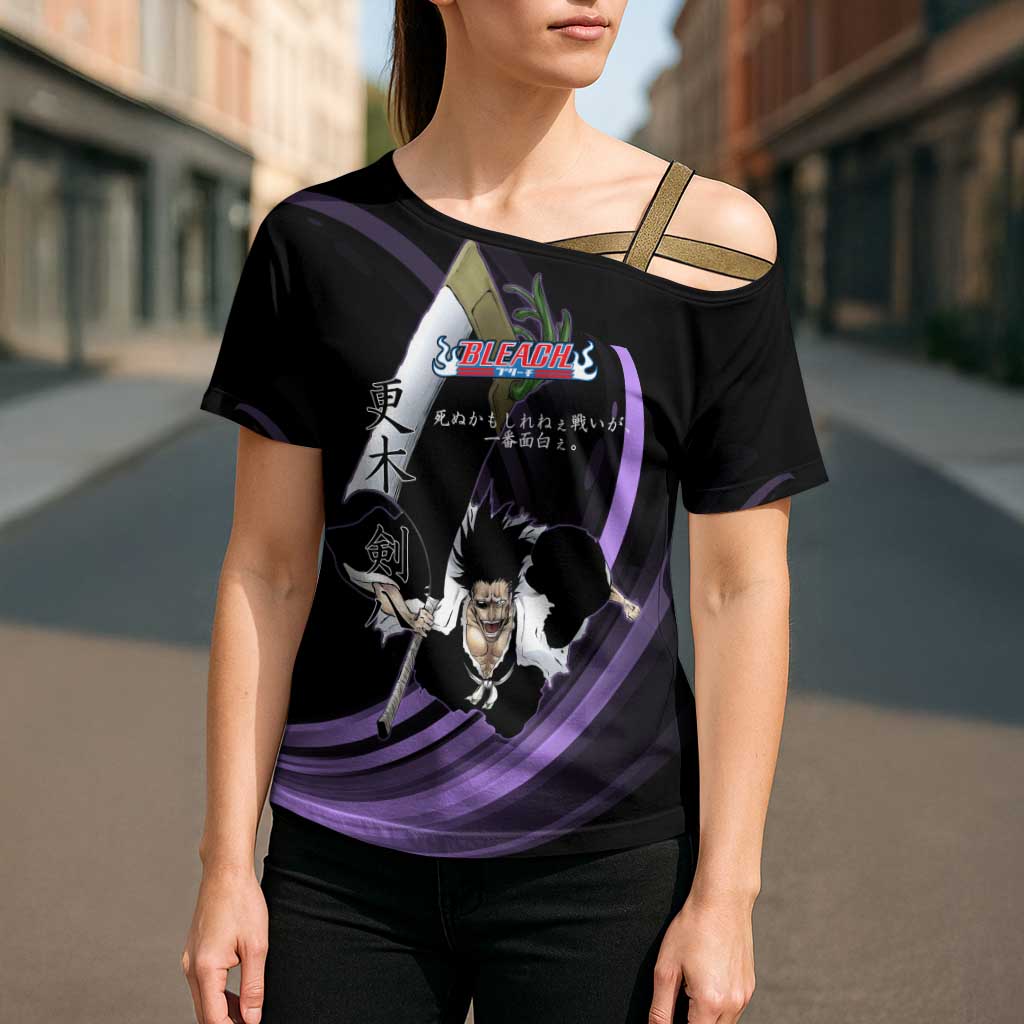 Kenpachi Zaraki Bleach Anime Black and Purple Theme Cross Shoulder Shirt with Battle Stance and Japanese Quote Design - The Mazicc