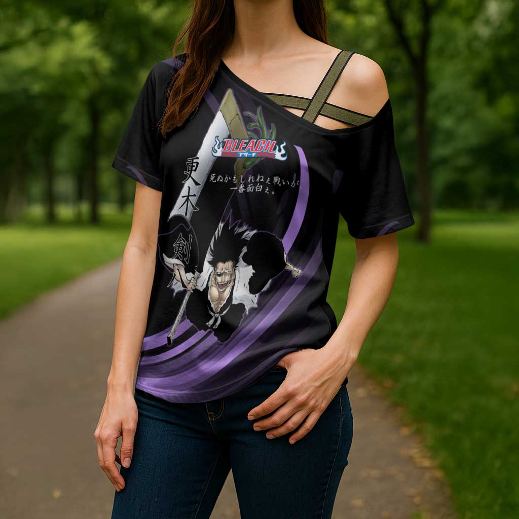 Kenpachi Zaraki Bleach Anime Black and Purple Theme Cross Shoulder Shirt with Battle Stance and Japanese Quote Design - The Mazicc