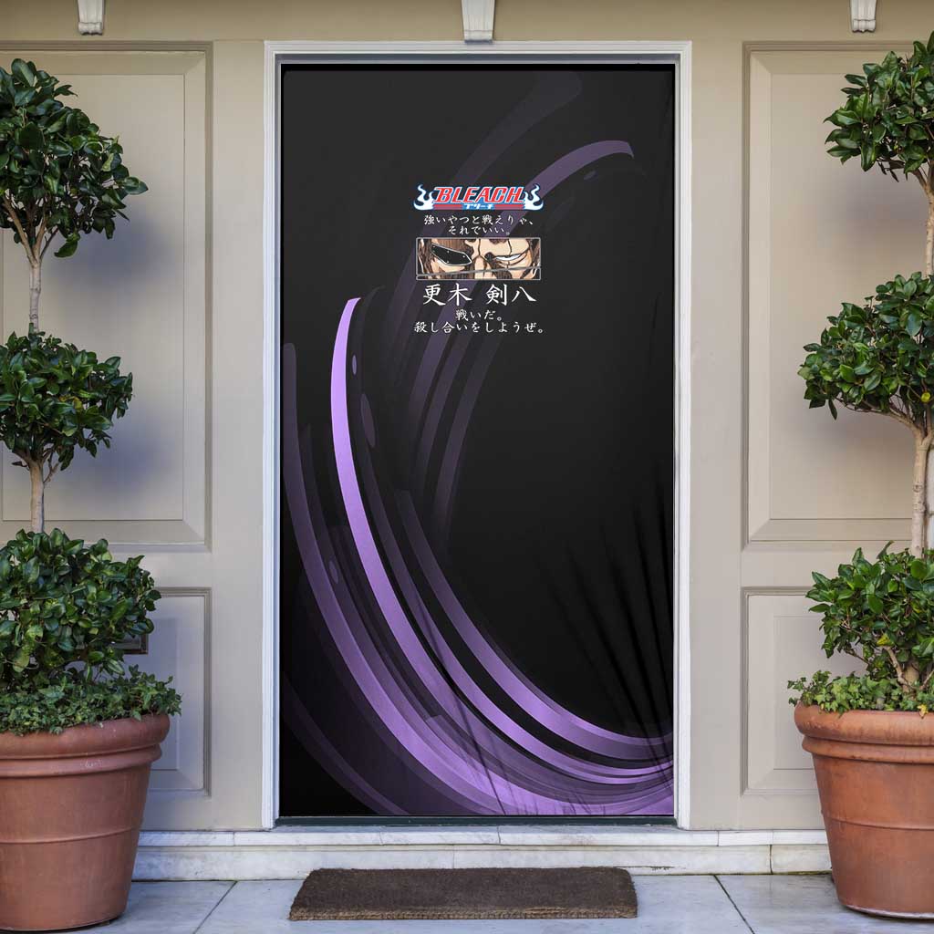 Kenpachi Zaraki Bleach Anime Black and Purple Theme Door Cover with Battle Stance and Japanese Quote Design - The Mazicc