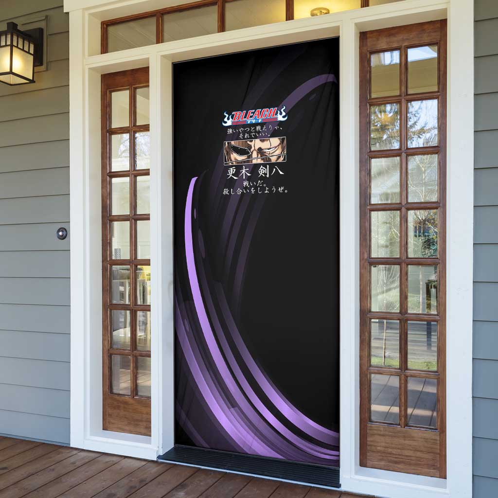Kenpachi Zaraki Bleach Anime Black and Purple Theme Door Cover with Battle Stance and Japanese Quote Design - The Mazicc