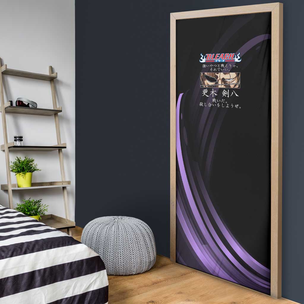 Kenpachi Zaraki Bleach Anime Black and Purple Theme Door Cover with Battle Stance and Japanese Quote Design - The Mazicc
